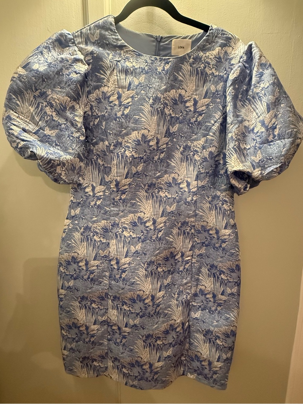 Lena Light Blue Floral Jacquard Puff-Sleeve Mini Dress